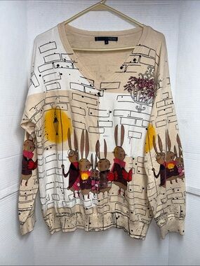 Ness Cream Bunny Print V-Neck Sweater size XL